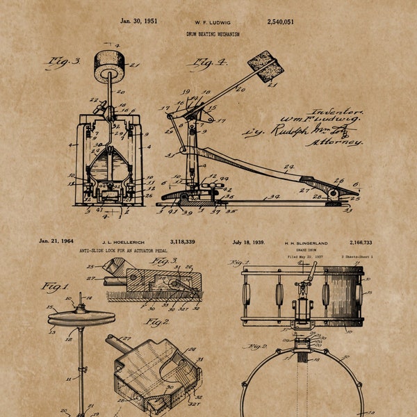 Drum Art Patent Poster, Drum Set Drummer Gift, Snare Drum, Cymbal, Drum Beating Mechanism, Music Room Boys Room Decor, Music Wall Art