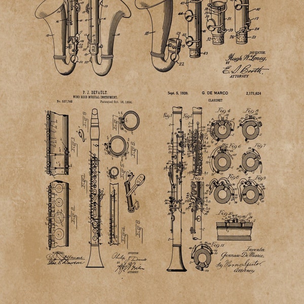 Clarinet Group of Patents, Patent Invention, Blueprint Poster, Music Wind Instrument, Music Student Gift, Music Room Decor, Clarinet Art