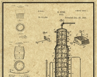 May include: A black and white vintage patent drawing for a still, titled "H. HINZ. STILL. Patented Dec. 26, 1893." The drawing shows a detailed diagram of the still, with various components labeled.