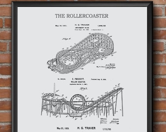 Coney Island, roller coaster, diseño de patentes, parque de atracciones, arte de pared, carnaval vintage, patente de EE. UU., arte de pared de la habitación de los niños, póster del plano,