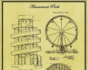 Amusement Park, Roller Coaster, Patent Print, Downloadable Prints, Carnival Patent, Coney Island, Ferris Wheel, Waterslide, Blueprint Poster