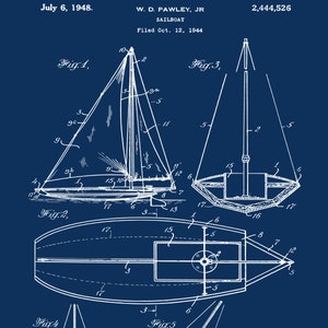 Sailboat Art, Downloadable Prints, Sailboat Blueprint Poster, Patent Print, Sailing Art, Yacht Art, Boat Captain Gift, Beach House Decor