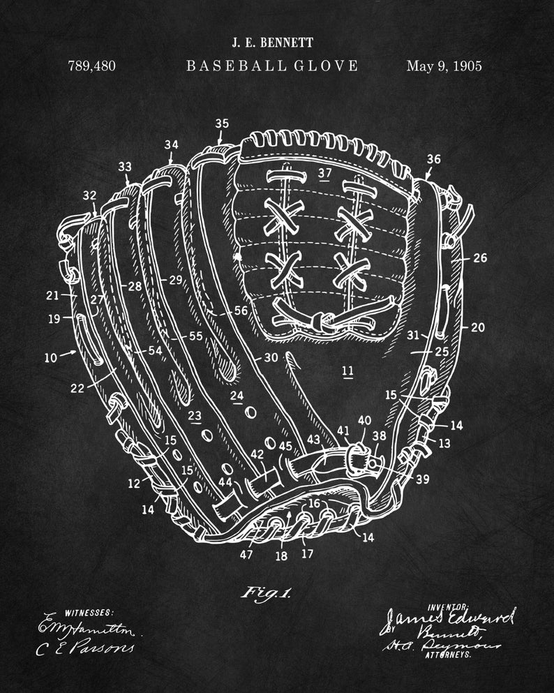 Pu&ograve; includere: Illustrazione di brevetto di guanto da baseball vintage in bianco su sfondo nero. Il diagramma include etichette dettagliate e il testo "J.E. Bennett Baseball Glove" e la data "May 9, 1905". Il numero di brevetto &egrave; 789.480.