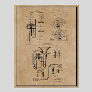 Orchestra Brass Section Group of Patents, Blueprint Poster, Cornet Trumpet, Tuba, French Horn, Musician Gift, Music Room Wall Art