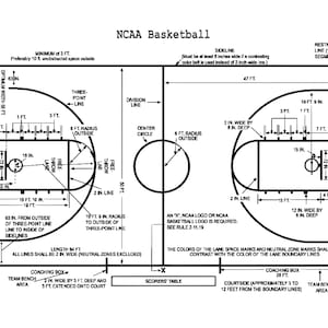 May include: A black and white diagram of a regulation NCAA basketball court with all the dimensions and markings labeled. The court is 94 feet long and 50 feet wide. The center circle is 12 feet in diameter. The three-point line is 19 feet 9 inches from the center of the basket. The free throw line is 15 feet from the center of the basket. The key is 12 feet wide and 19 feet deep.