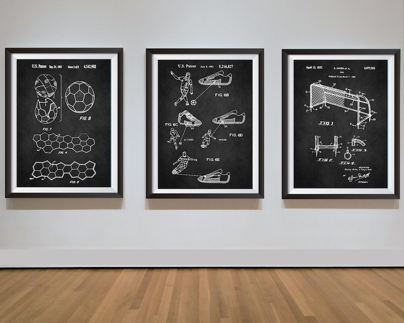 May include: Three black framed prints of vintage patent drawings for a football, football boots, and a football goal. The drawings are on a white background and the text includes the patent numbers and dates.