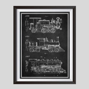 Locomotive, Train Art, Blueprint Poster, Kids Birthday Steam Engine Train Decor, Group of 3 Vintage Trains, US Patent, Railroad Print Gift