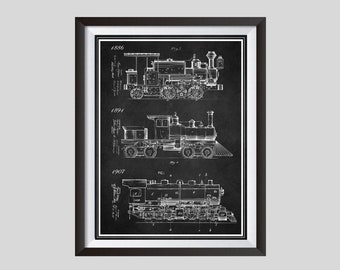 Locomotive, Train Art, Blueprint Poster, Kids Birthday Steam Engine Train Decor, Group of 3 Vintage Trains, US Patent, Railroad Print Gift