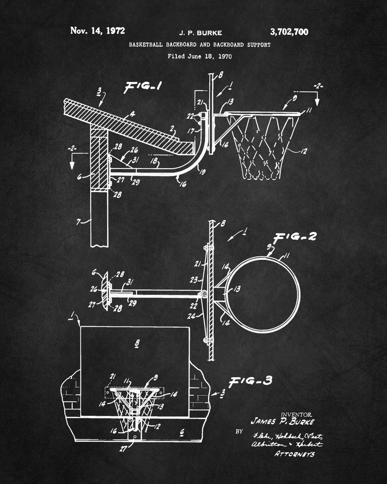 May include: Black and white line drawing of a basketball backboard and support system patent. The patent is titled "Basketball Backboard and Backboard Support" and was filed on June 18, 1970. The patent number is 3,702,700. The drawing shows three different views of the backboard and support system.