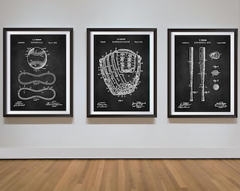 Baseball Print, Set of 3 Patent Prints, Sports Poster, Baseball Fan Gift, Vintage Baseball Art, Downloadable Printable, Bat, Glove, Ball