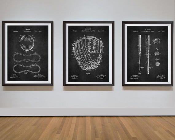 Baseball Print, Set of 3 Patent Prints, Sports Poster, Baseball Fan Gift, Vintage Baseball Art, Downloadable Printable, Bat, Glove, Ball