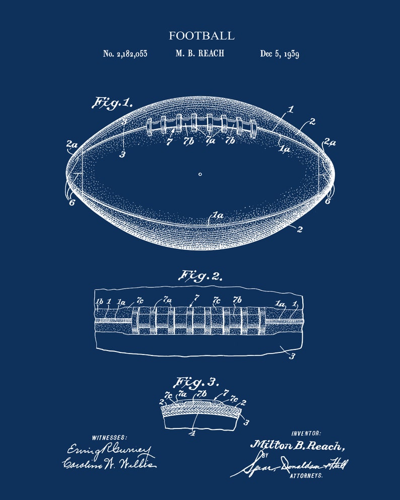 May include: A black and white line drawing of a football patent, showing the design of the football. The patent is titled "FOOTBALL" and is for M. B. REACH. The patent number is 2,182,055 and the date is December 5, 1939.