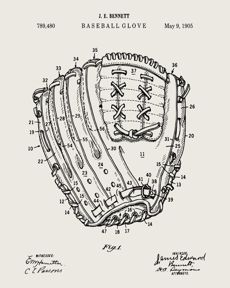 May include: A black and white line drawing of a baseball glove patent. The patent number 789,480 and the date May 9, 1905 are visible. The drawing shows the glove with detailed stitching and numbered parts.