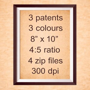Pu&ograve; includere: Una stampa incorniciata con bordo marrone e sfondo beige. Il testo include "3 brevetti, 3 colori, 20,32 cm x 25,4 cm, rapporto 4:5, 4 file zip, 300 dpi."