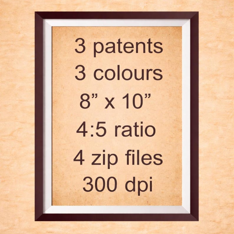 Pu&ograve; includere: Una stampa incorniciata con bordo marrone e sfondo beige. Il testo include "3 brevetti, 3 colori, 20,32 cm x 25,4 cm, rapporto 4:5, 4 file zip, 300 dpi."