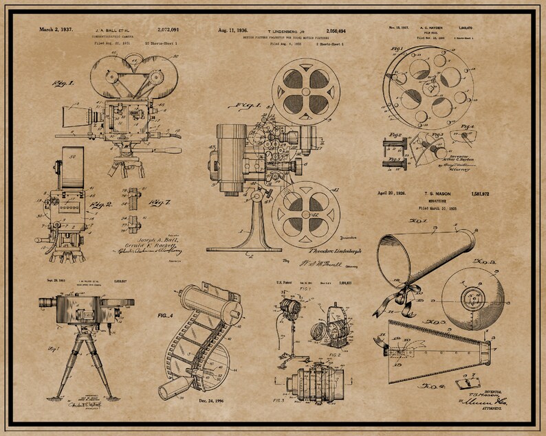 Peut inclure: Une illustration vintage en noir et blanc d'une collection de brevets de cam&eacute;ras et de projecteurs de cin&eacute;ma. Les brevets datent du d&eacute;but des ann&eacute;es 1900 et montrent l'&eacute;volution de la technologie du film. L'image est sur un fond de papier brun.