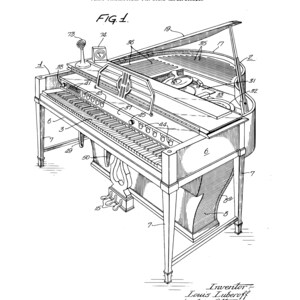 May include: A black and white line drawing of a piano with a microphone on top. The drawing is from a patent for a piano construction for sound amplification. The patent number is 2,530,251 and the date is November 14, 1950. The inventor is Louis Luberoff.