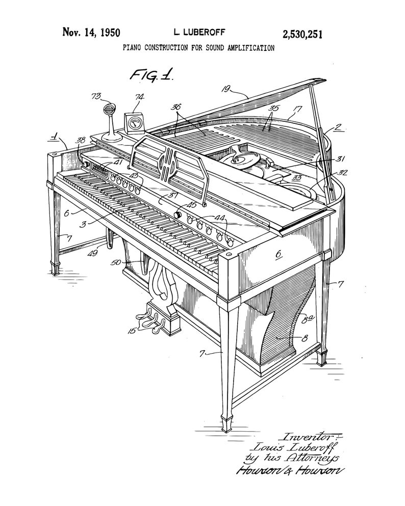 May include: A black and white line drawing of a piano with a microphone on top. The drawing is from a patent for a piano construction for sound amplification. The patent number is 2,530,251 and the date is November 14, 1950. The inventor is Louis Luberoff.