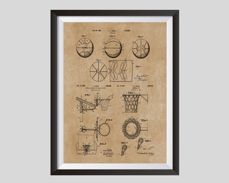 May include: A vintage black and white illustration of a basketball patent. The patent shows different designs for the basketball and the hoop. The patent number is 1,718,848 and the date is June 18, 1929.