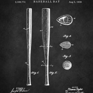 Pu&ograve; includere: Illustrazione di brevetto di mazza da baseball vintage su sfondo scuro. Il diagramma mostra due viste della mazza, insieme a disegni dettagliati della palla. Il testo include "T. Taylor Baseball Bat" e la data "5 agosto 1939".