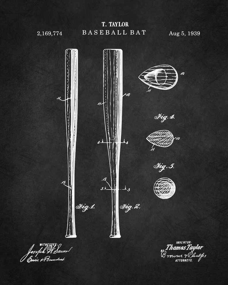 Pu&ograve; includere: Illustrazione di brevetto di mazza da baseball vintage su sfondo scuro. Il diagramma mostra due viste della mazza, insieme a disegni dettagliati della palla. Il testo include "T. Taylor Baseball Bat" e la data "5 agosto 1939".