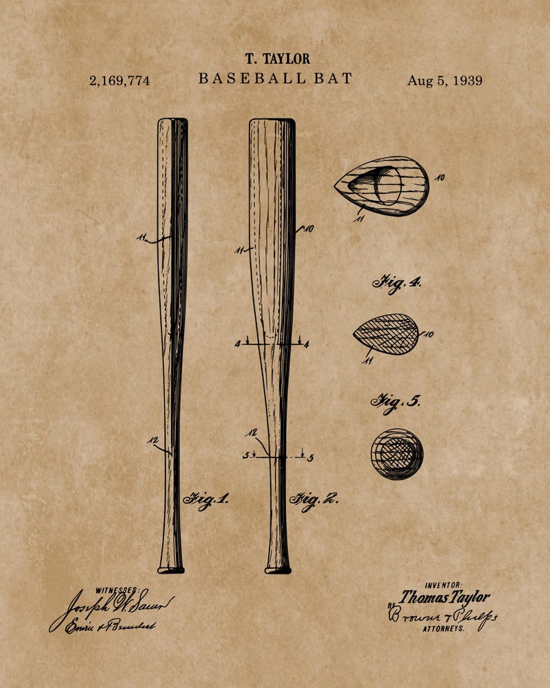 Pu&ograve; includere: Illustrazione di brevetto di mazza da baseball vintage su carta invecchiata. Il diagramma mostra viste dettagliate della mazza, comprese sezioni trasversali e misure. Il testo include il nome dell'inventore, le informazioni sul brevetto e la data 5 agosto 1939.