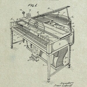 May include: A black and white line drawing of a piano with a microphone on top. The drawing is labeled "Fig. 1" and includes the text "PIANO CONSTRUCTION FOR SOUND AMPLIFICATION". The patent number "2,530,251" and the date "Nov. 14, 1950" are also included in the drawing.