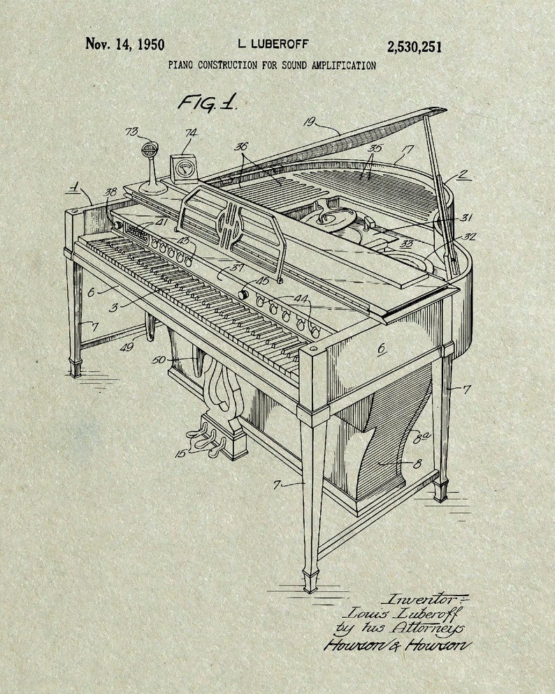 May include: A black and white line drawing of a piano with a microphone on top. The drawing is labeled "Fig. 1" and includes the text "PIANO CONSTRUCTION FOR SOUND AMPLIFICATION". The patent number "2,530,251" and the date "Nov. 14, 1950" are also included in the drawing.