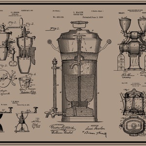 May include: A vintage black and white illustration of a coffee maker patent, showing a detailed drawing of the coffee maker and its components. The patent is titled "L. Malen. Coffee Maker" and was patented on June 3, 1850. The patent number is 429,139.