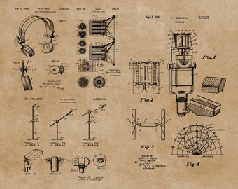 Music Recording Group of Patents, Microphone, Speakers, Headphones, Microphone Stand, Blueprint Poster, Sound Equipment, Music Student Gift