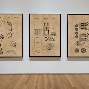 Set of 3 Music Recording Patent Prints, Microphone, Headphones, Speaker, Retro Music Poster Set, Music Room Studio Art, Musician Gift,