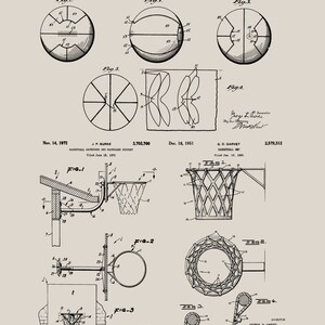 May include: Black and white line drawings of basketballs and basketball hoops from two different patents. The first patent is from June 25, 1929, and the second patent is from December 18, 1951. The first patent shows a basketball with a stitched design and a basketball hoop with a net. The second patent shows a basketball hoop with a net and a basketball with a stitched design.