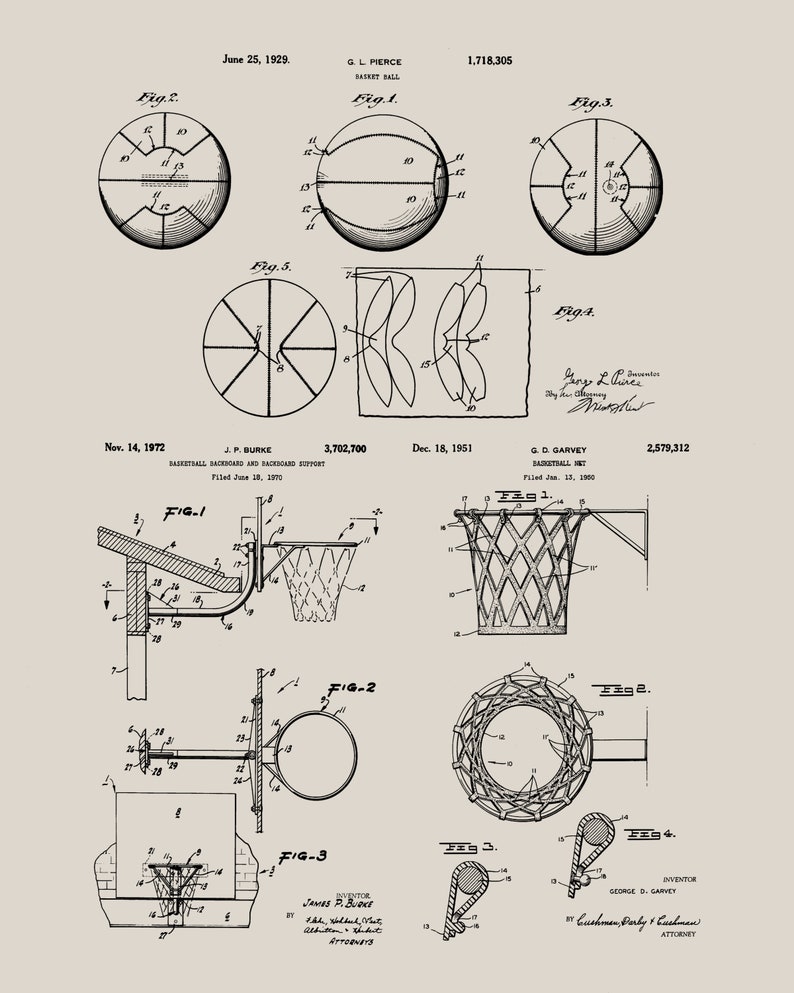 May include: Black and white line drawings of basketballs and basketball hoops from two different patents. The first patent is from June 25, 1929, and the second patent is from December 18, 1951. The first patent shows a basketball with a stitched design and a basketball hoop with a net. The second patent shows a basketball hoop with a net and a basketball with a stitched design.