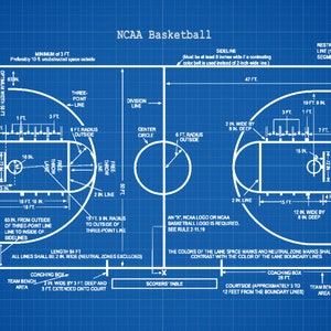 May include: A blueprint diagram of a regulation NCAA basketball court with all the dimensions and markings labeled. The court is blue with white lines and markings. The court is 94 feet long and 50 feet wide. The three-point line is 19 feet 9 inches from the center of the basket. The free throw line is 15 feet from the center of the basket. The center circle is 12 feet in diameter. The key is 12 feet wide and 19 feet deep. The sidelines are 47 feet long. The restraining line is 12 inches wide and is divided into segments. The end line is 15 feet long. The team benches are located on the sidelines. The coaching box is located on the court. The scorers table is located at the center of the court.
