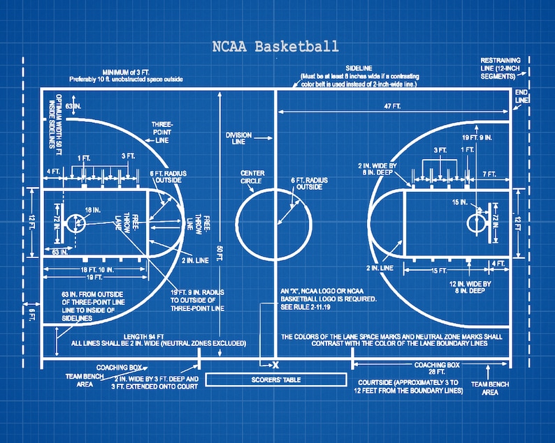 May include: A blueprint diagram of a regulation NCAA basketball court with all the dimensions and markings labeled. The court is blue with white lines and markings. The court is 94 feet long and 50 feet wide. The three-point line is 19 feet 9 inches from the center of the basket. The free throw line is 15 feet from the center of the basket. The center circle is 12 feet in diameter. The key is 12 feet wide and 19 feet deep. The sidelines are 47 feet long. The restraining line is 12 inches wide and is divided into segments. The end line is 15 feet long. The team benches are located on the sidelines. The coaching box is located on the court. The scorers table is located at the center of the court.
