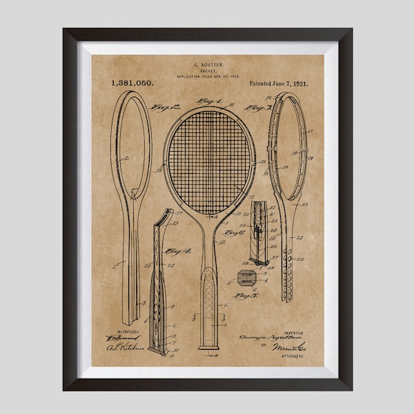 Sports Poster, Tennis Racket 1921, Patent Print,  Tennis Gift, Tennis Player, Coach Gift Idea, Tennis Art Print, Tournament,  Downloadable