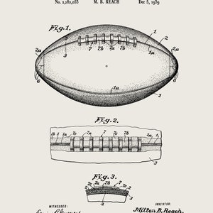 May include: Black and white line drawing of a football patent design. The drawing shows a football with laces and a cross-section of the football. The patent number is 2,182,053 and the inventor is Milton B. Reach. The patent date is December 5, 1939.