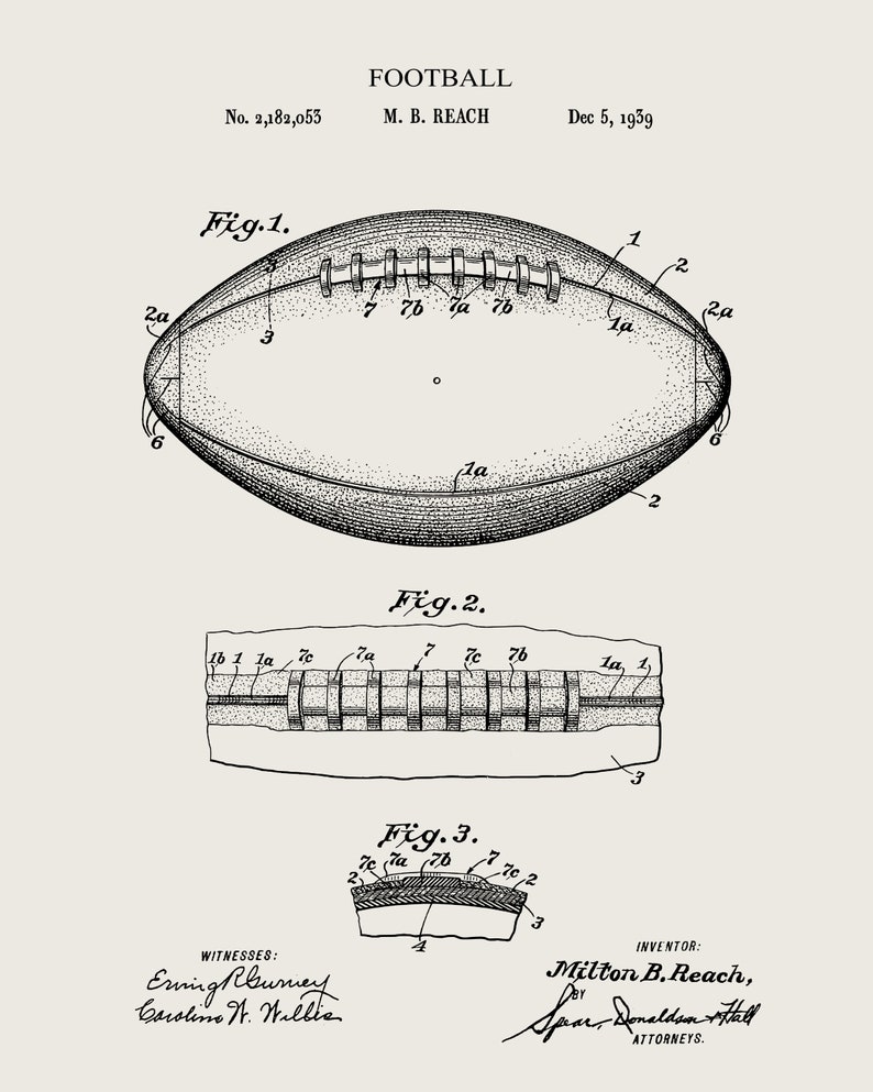 May include: Black and white line drawing of a football patent design. The drawing shows a football with laces and a cross-section of the football. The patent number is 2,182,053 and the inventor is Milton B. Reach. The patent date is December 5, 1939.