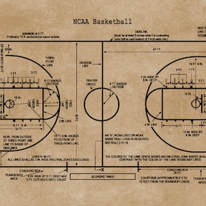 May include: A black and white diagram of a regulation NCAA basketball court with all the dimensions and markings labeled. The court is 94 feet long and 50 feet wide. The three-point line is 19 feet 9 inches from the center of the basket. The free throw line is 15 feet from the center of the basket. The center circle is 6 feet in diameter. The sidelines are 47 feet long. The restraining line is 12 inches long. The coaching box is 28 feet long. The team bench area is 3 feet wide by 3 feet deep. The scorers table is located at the center of the court.