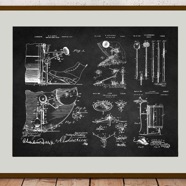 Drum Group of Patents, Percussion Gifts, Presents for Drummers, Drum Kit Patent Prints, Drumstick Drawing, Blueprint Poster, Instant Download