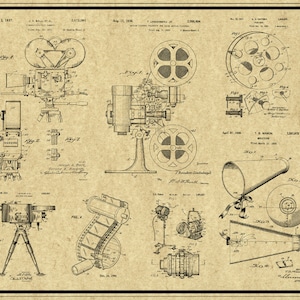 Peut inclure: Une illustration de style vintage d'un brevet pour une cam&eacute;ra et un projecteur de cin&eacute;ma. Les dessins du brevet sont en noir et blanc sur un fond beige. Le num&eacute;ro de brevet est 2,072,891 et la date est le 2 mars 1937. Le num&eacute;ro de brevet du projecteur est 2,300,094 et la date est le 11 ao&ucirc;t 1936.