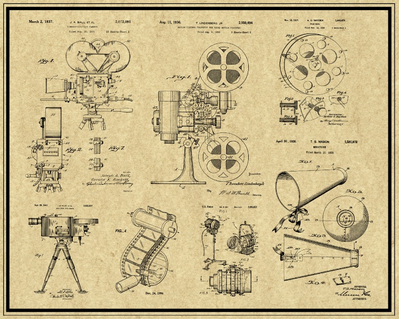 Peut inclure: Une illustration de style vintage d'un brevet pour une cam&eacute;ra et un projecteur de cin&eacute;ma. Les dessins du brevet sont en noir et blanc sur un fond beige. Le num&eacute;ro de brevet est 2,072,891 et la date est le 2 mars 1937. Le num&eacute;ro de brevet du projecteur est 2,300,094 et la date est le 11 ao&ucirc;t 1936.
