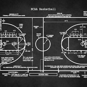 May include: A black and white diagram of an NCAA regulation basketball court with dimensions and markings labeled. The court is 94 feet long and 50 feet wide. The three-point line is 19 feet 9 inches from the center of the basket. The free throw lane is 12 feet wide and 19 feet long. The center circle is 12 feet in diameter. The court also includes a key, a restraining line, and a sideline.