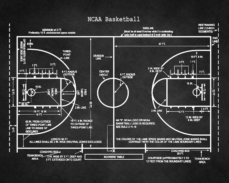 May include: A black and white diagram of an NCAA regulation basketball court with dimensions and markings labeled. The court is 94 feet long and 50 feet wide. The three-point line is 19 feet 9 inches from the center of the basket. The free throw lane is 12 feet wide and 19 feet long. The center circle is 12 feet in diameter. The court also includes a key, a restraining line, and a sideline.