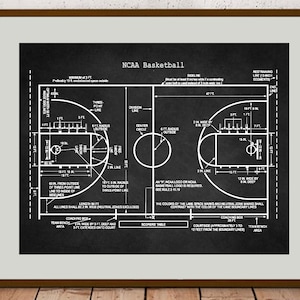 May include: A black and white diagram of an NCAA regulation basketball court with dimensions and markings labeled. The court is 94 feet long and 50 feet wide. The three-point line is 23 feet 9 inches from the center of the basket. The free throw line is 15 feet from the center of the basket. The key is 12 feet wide and 19 feet deep.