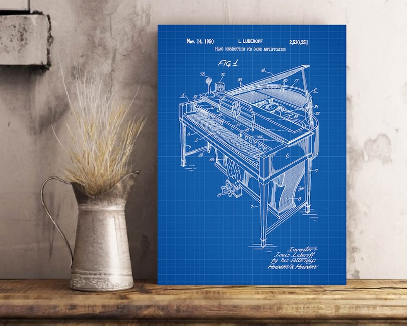 May include: A blueprint style illustration of a piano construction for sound amplification, patent number 2,530,251, filed November 14, 1950, by Louis Luberooff. The patent drawing shows a detailed view of the piano with its internal components.