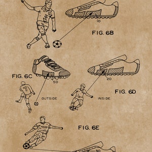 May include: A black and white line drawing of a football boot patent. The patent drawing shows a footballer kicking a ball in different positions. The patent number is 5,216,827 and the date is June 8, 1993.