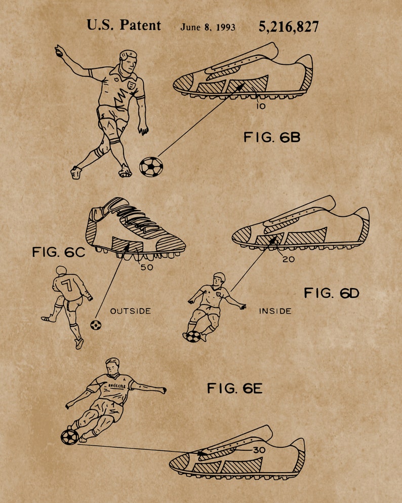 May include: A black and white line drawing of a football boot patent. The patent drawing shows a footballer kicking a ball in different positions. The patent number is 5,216,827 and the date is June 8, 1993.