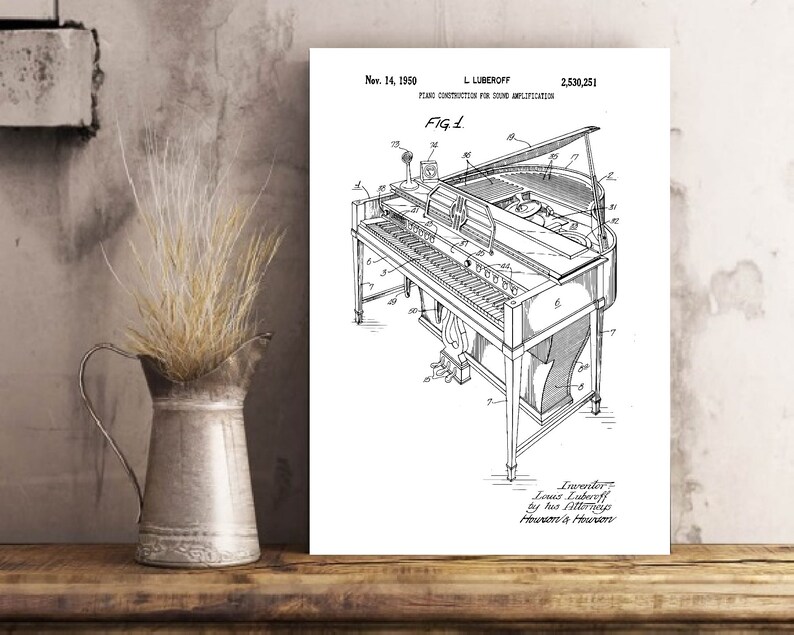 May include: Black and white line drawing of a piano with a sound amplification system. The patent drawing is titled "Piano Construction for Sound Amplification" and includes the patent number 2,530,251 and the date November 14, 1950.