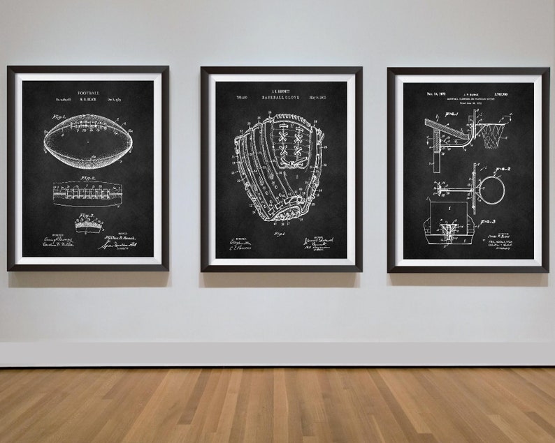 May include: Three black and white framed prints of vintage sports equipment patent drawings. The left print shows a football, the middle print shows a baseball glove, and the right print shows a basketball hoop.